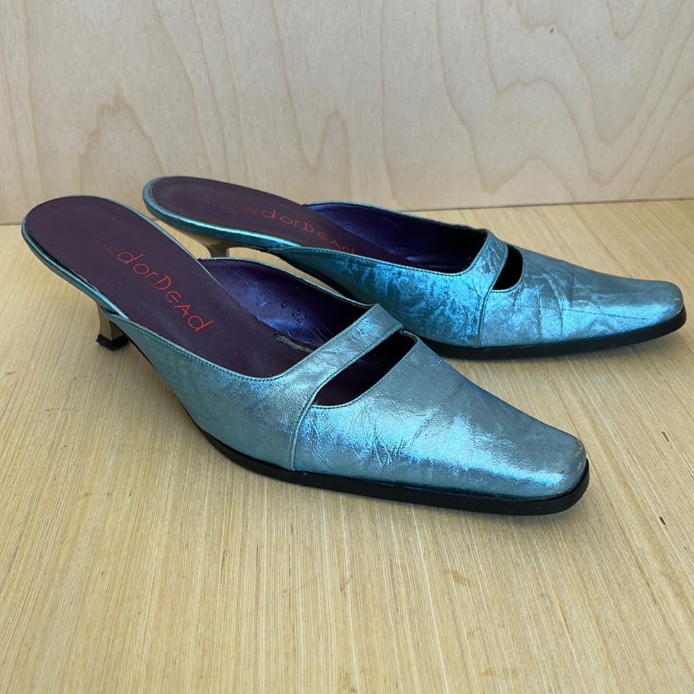 Red or Dead Vintage Blue metallic leather, kitten heel, mule.